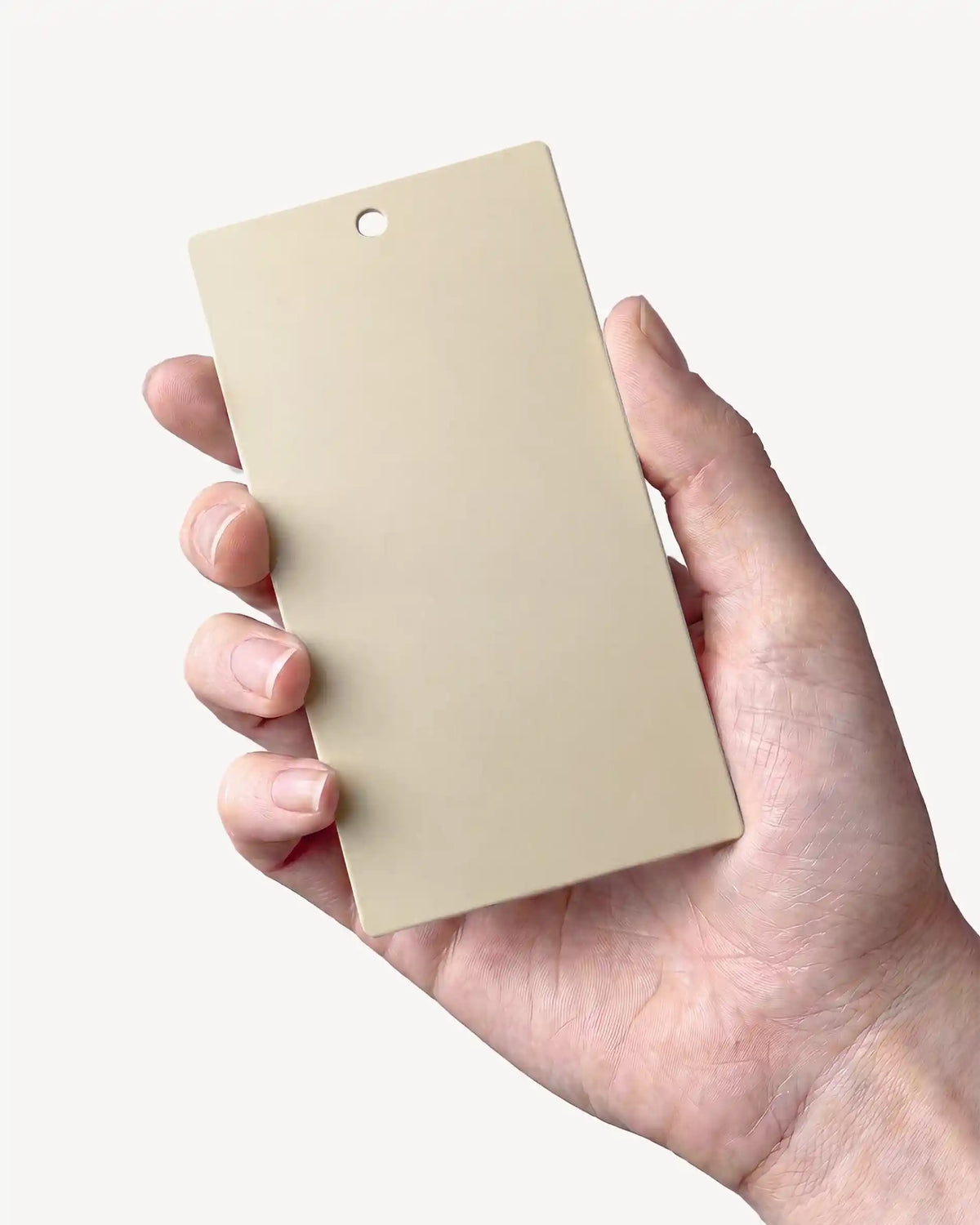 Hand die een kleurstaal Beige crème PILOTIS vasthoudt