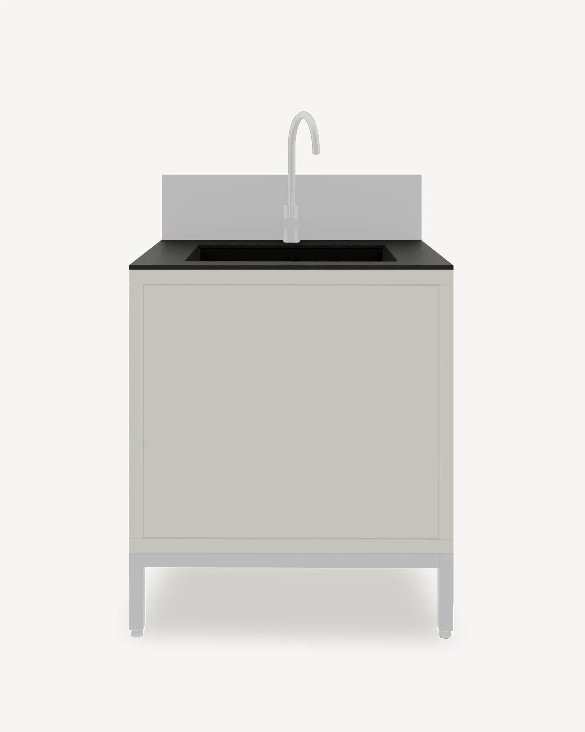 Pilotis module Spoelbak met zwart blad, grijze front en kraan, packshot op witte achtergrond