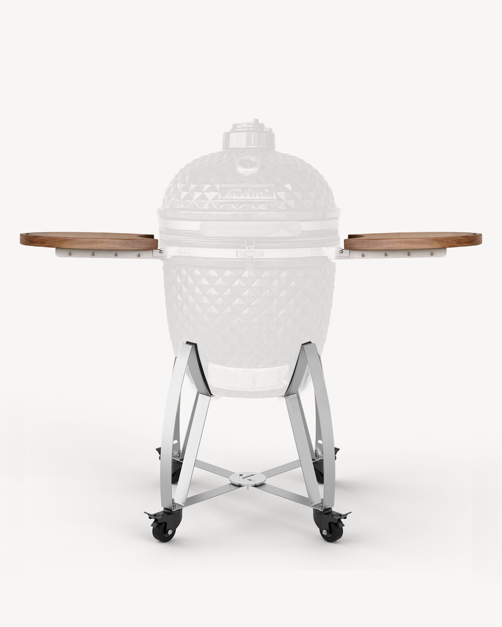 Verrijdbare onderstel voor Kokko kamado met inklapbare houten zijtafels, vooraanzicht op neutrale achtergrond.