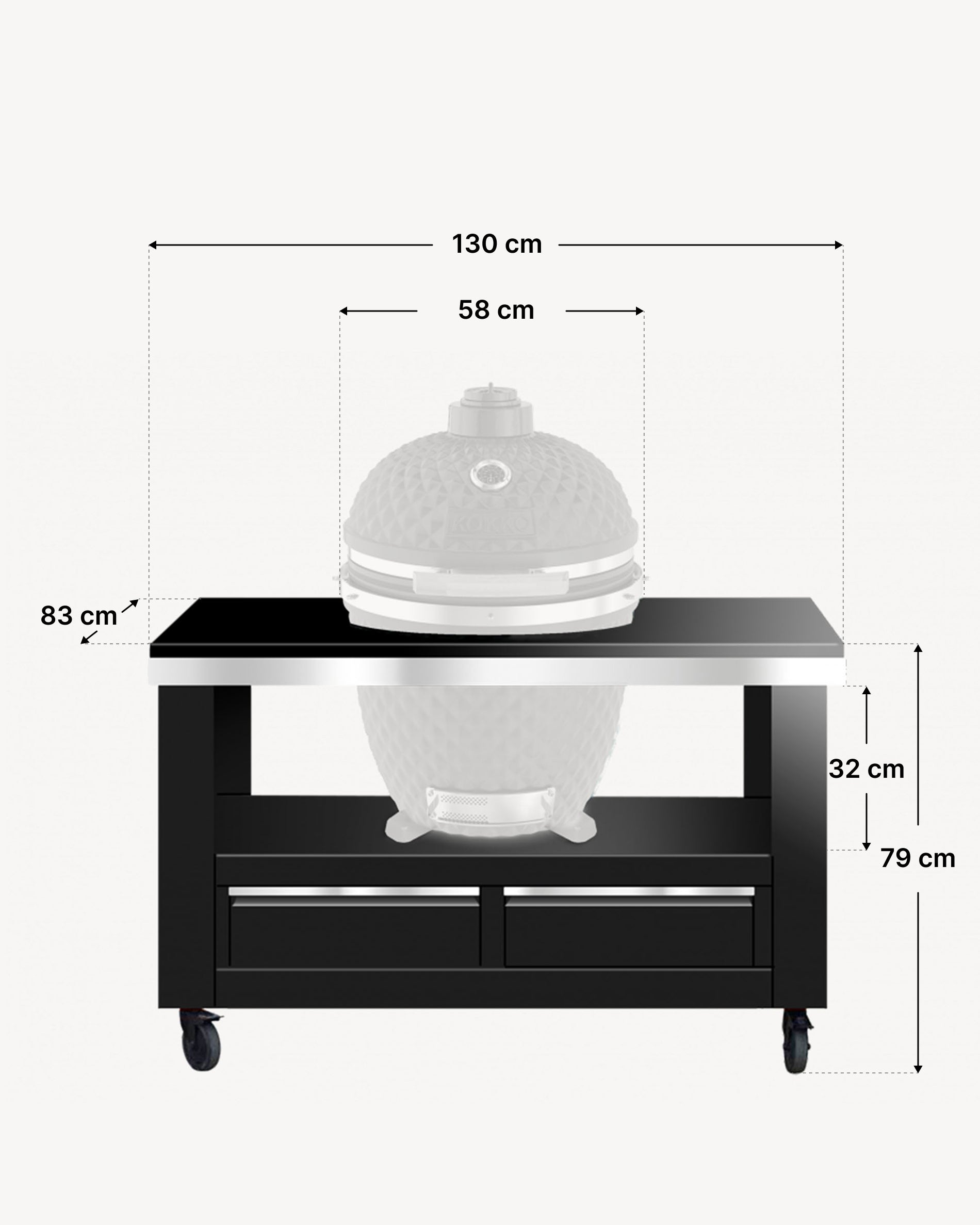 Schema van de afmetingen van het metalen Kokko-onderstel met lades.