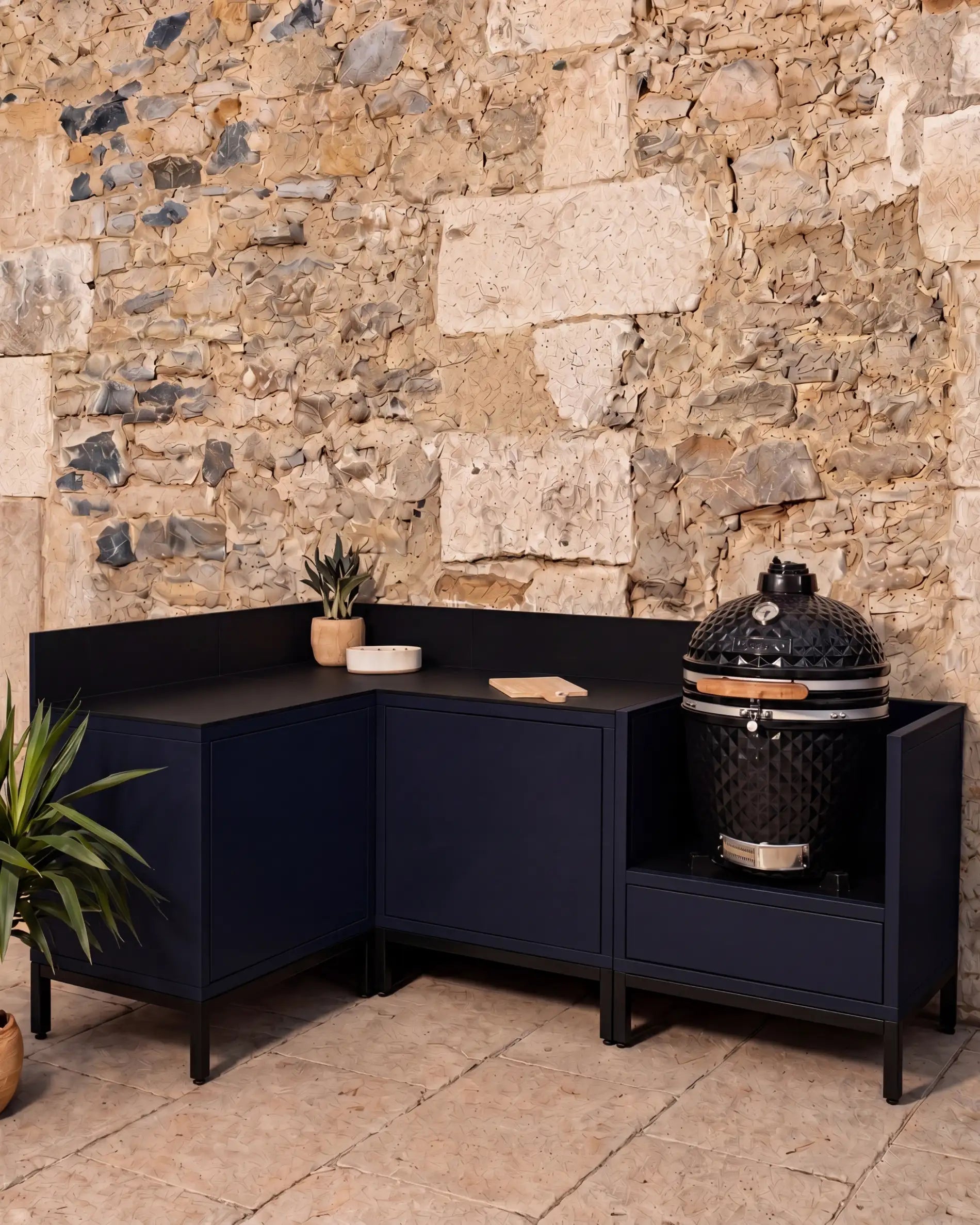 Cuisine d'angle PILOTIS bleu marine avec kamado noir