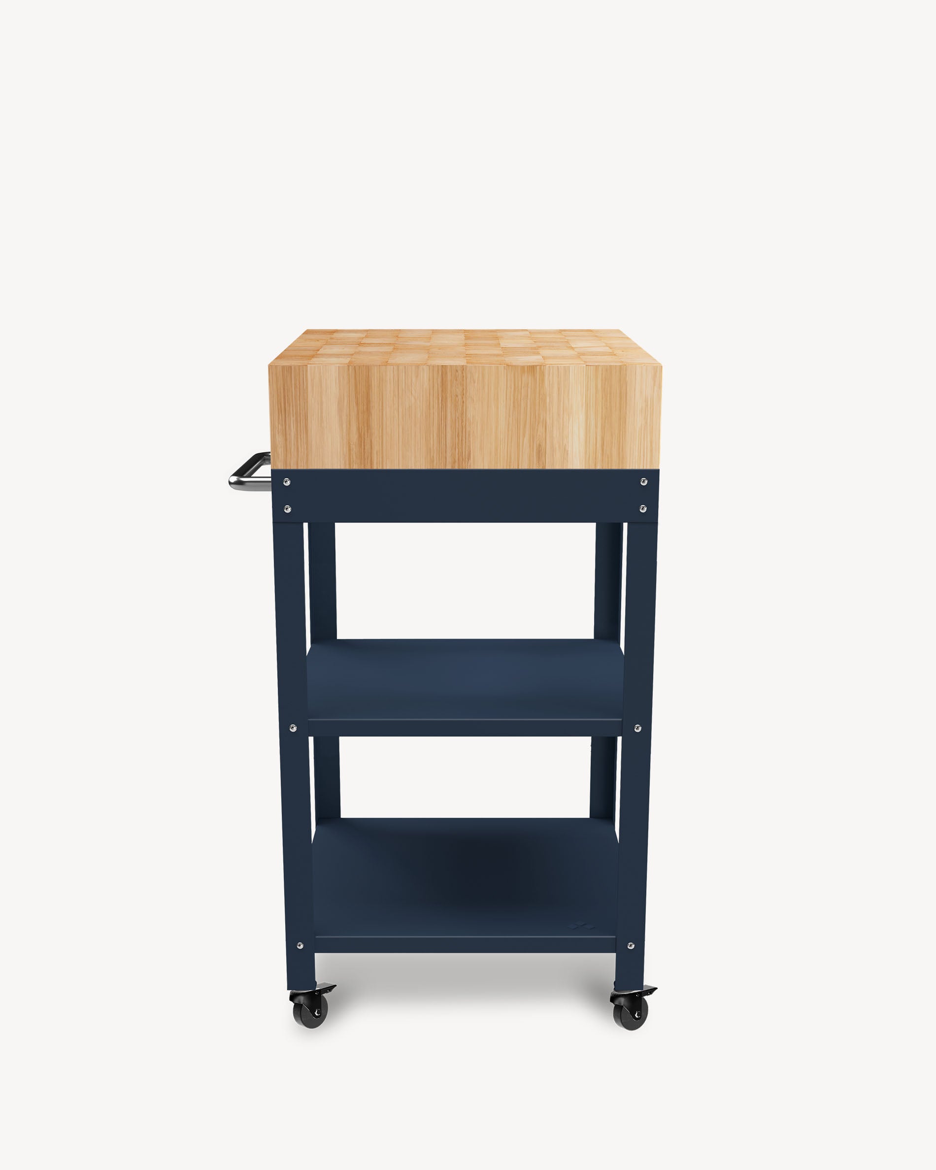 Marineblauwe metalen bijzettafel met hakblok