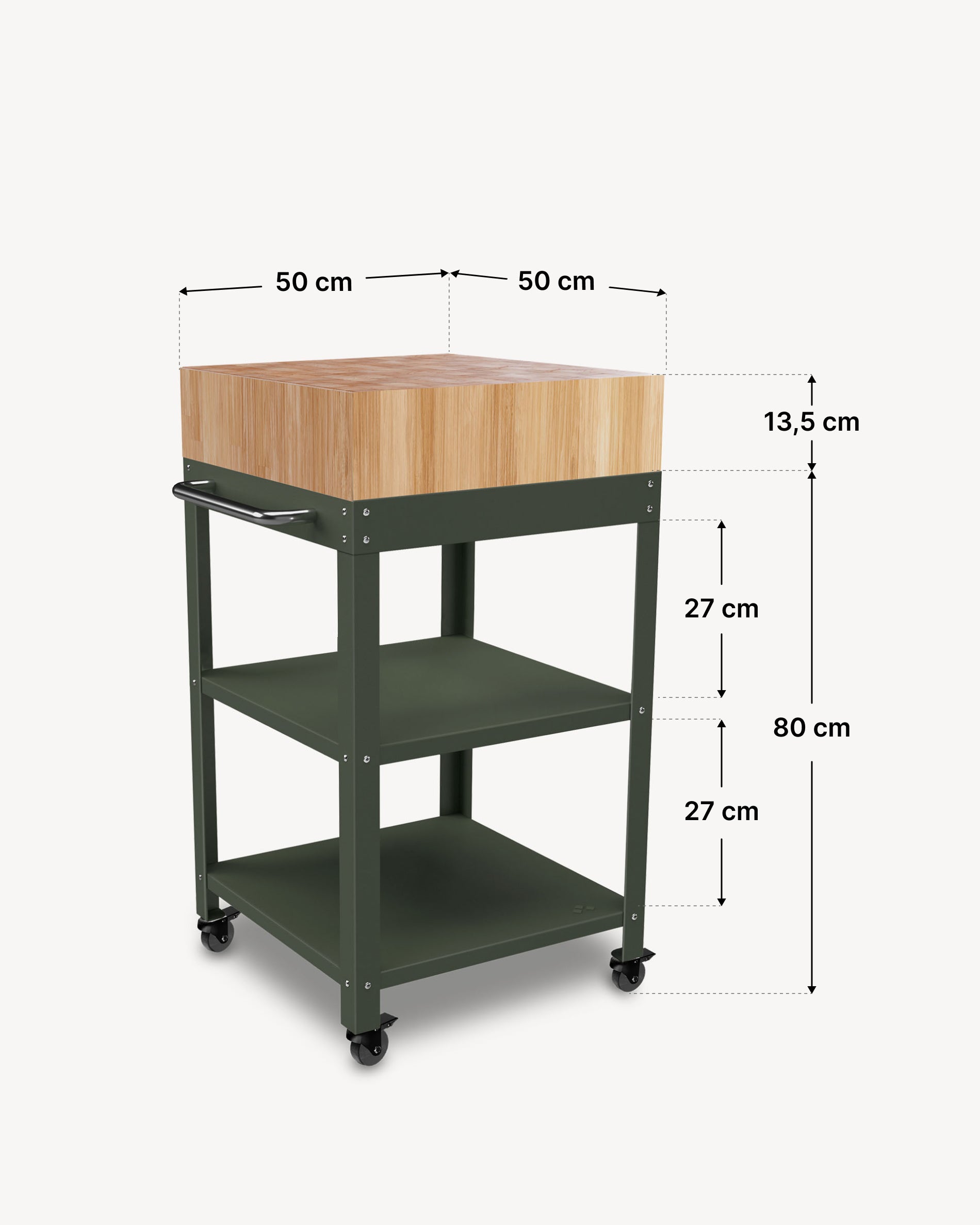 Afmetingen metalen bijzettafel 50x50 met hakblok