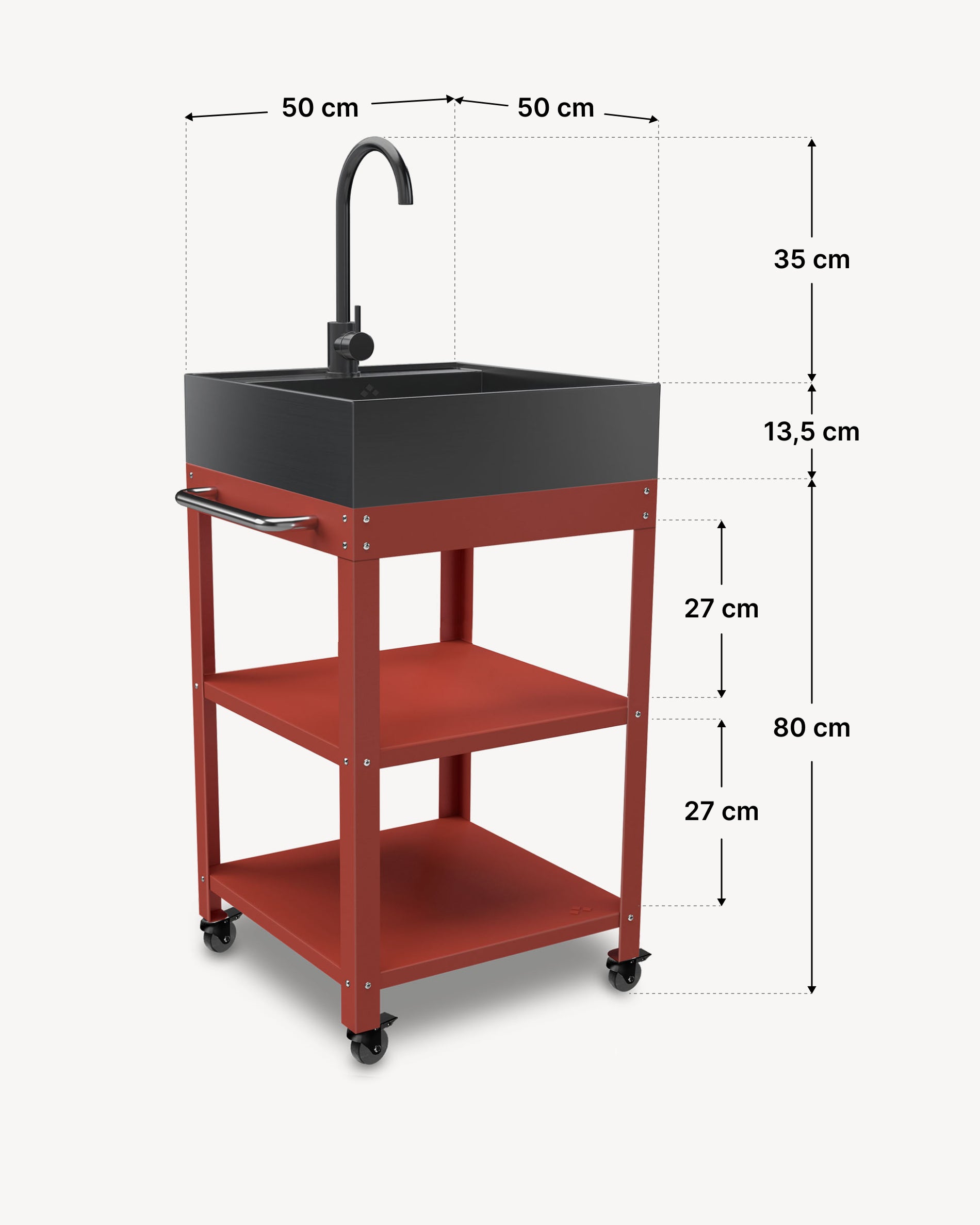 Afmetingen metalen bijzettafel 50x50 met zwarte roestvrijstalen spoelbak
