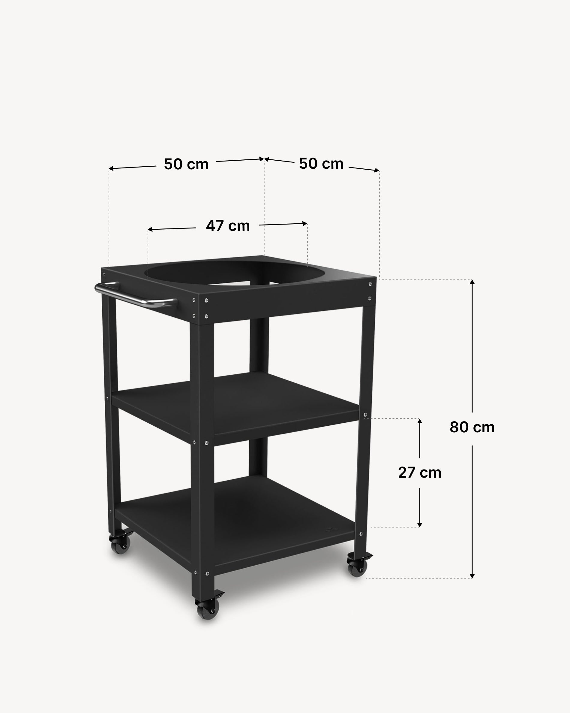 Afmetingen van het metalen bijzetmeubel 50 × 50 cm voor Kokko 18, kleur zwart.