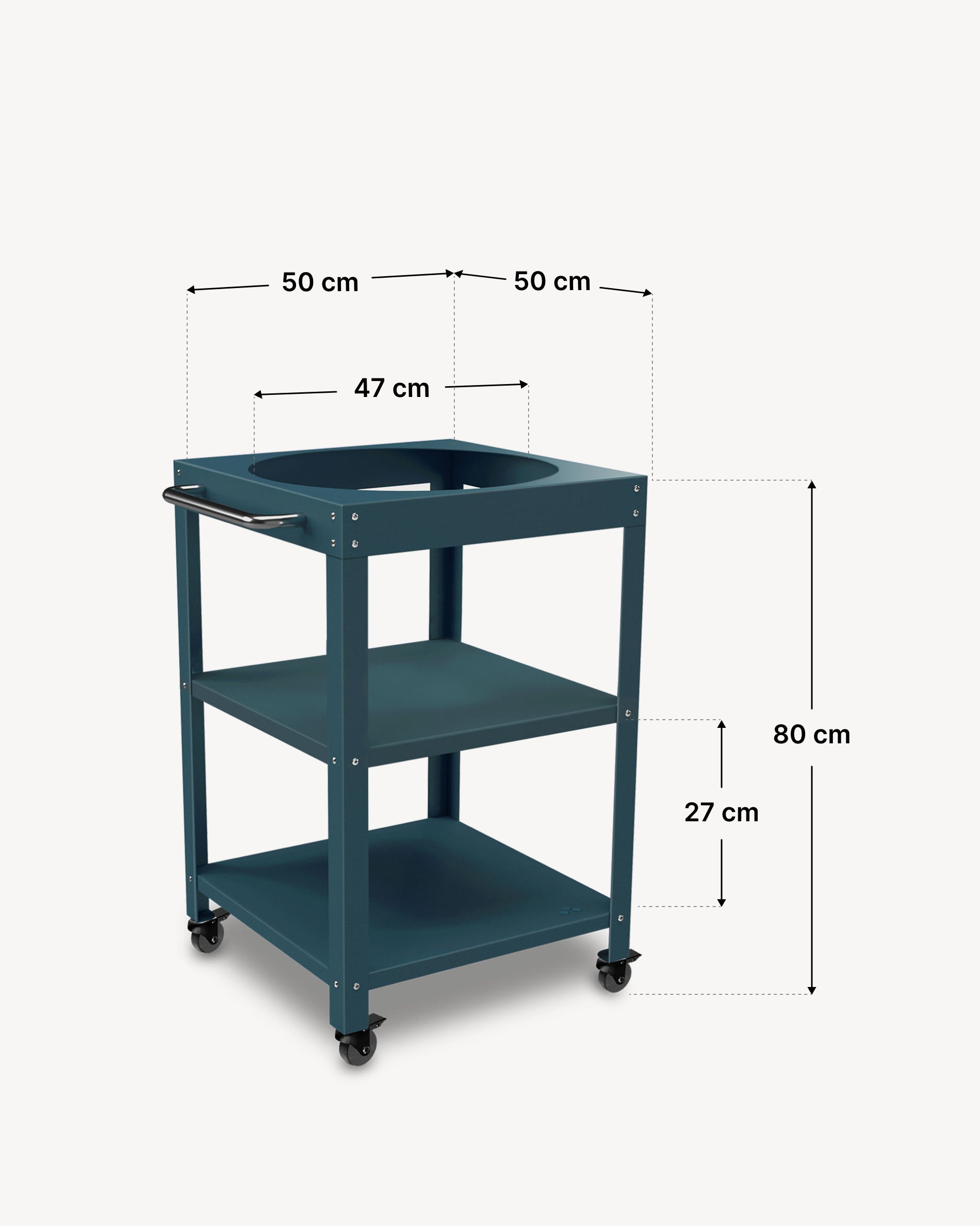Afmetingen van de metalen bijzettafel 50 × 50 cm voor Kokko 18, kleur oceaanblauw.