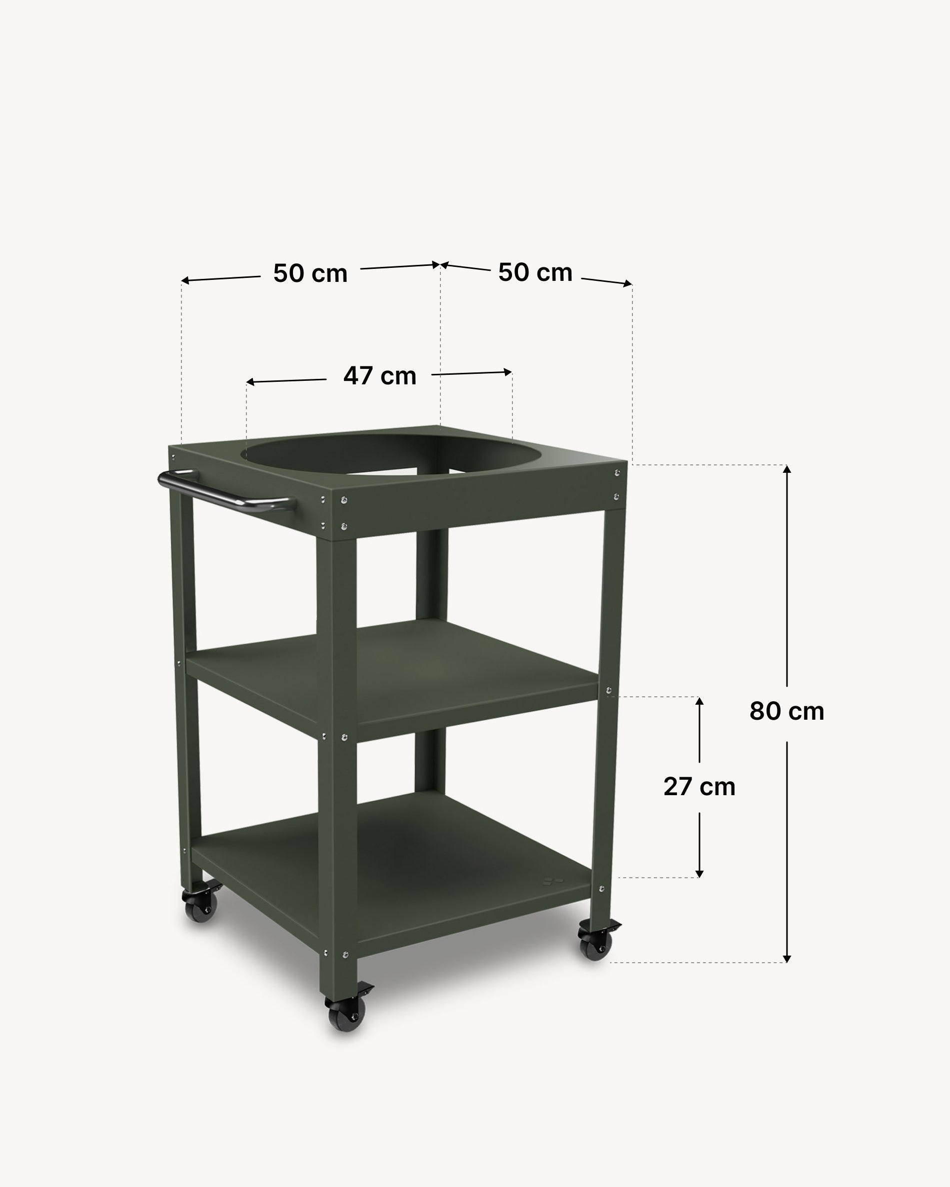 Afmetingen van het metalen bijzetmeubel 50 × 50 cm voor Kokko 18.