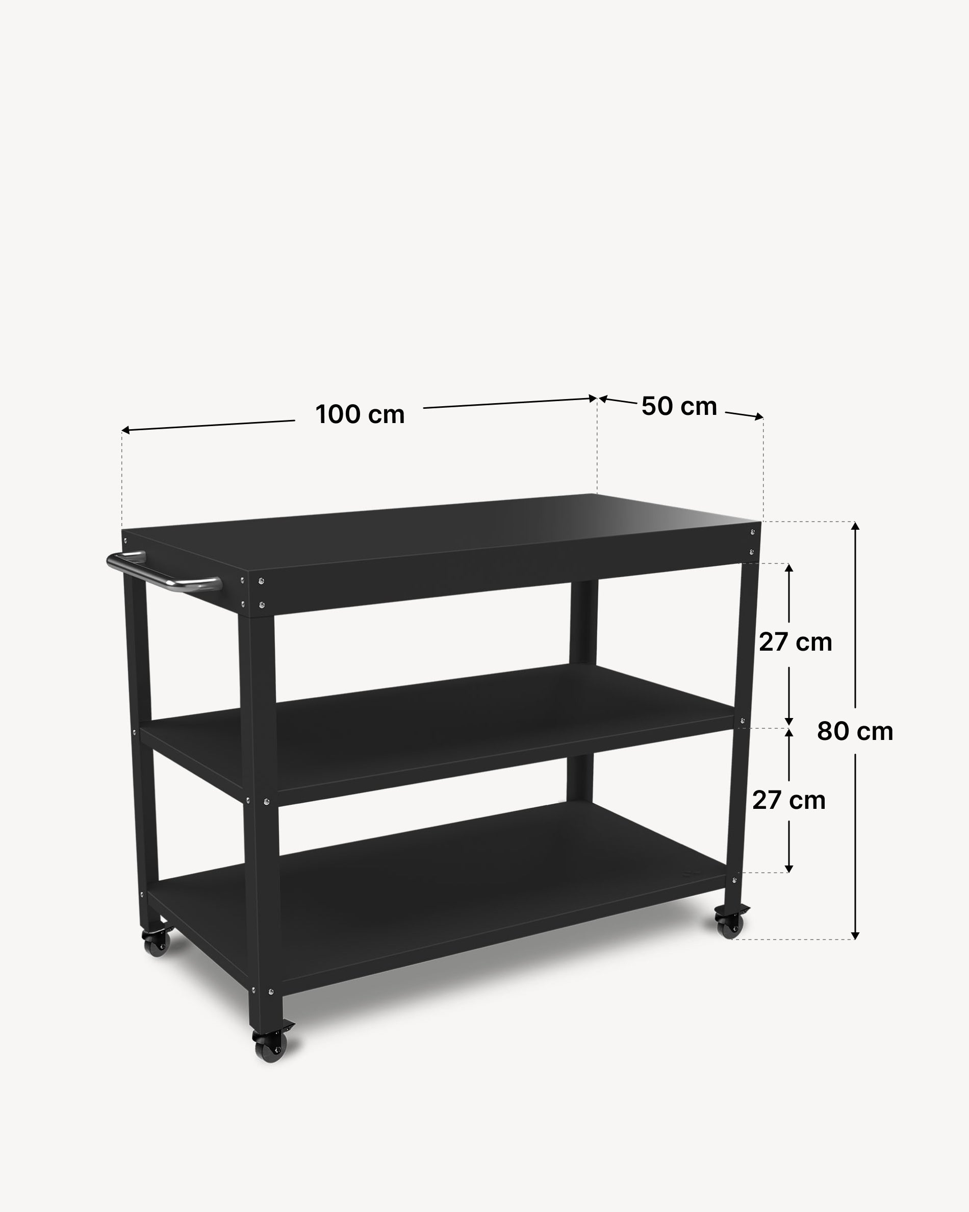 Metalen bijzettafel met drie plateaus, afmetingen aangegeven: breedte 100 cm, diepte 50 cm en totale hoogte 80 cm.