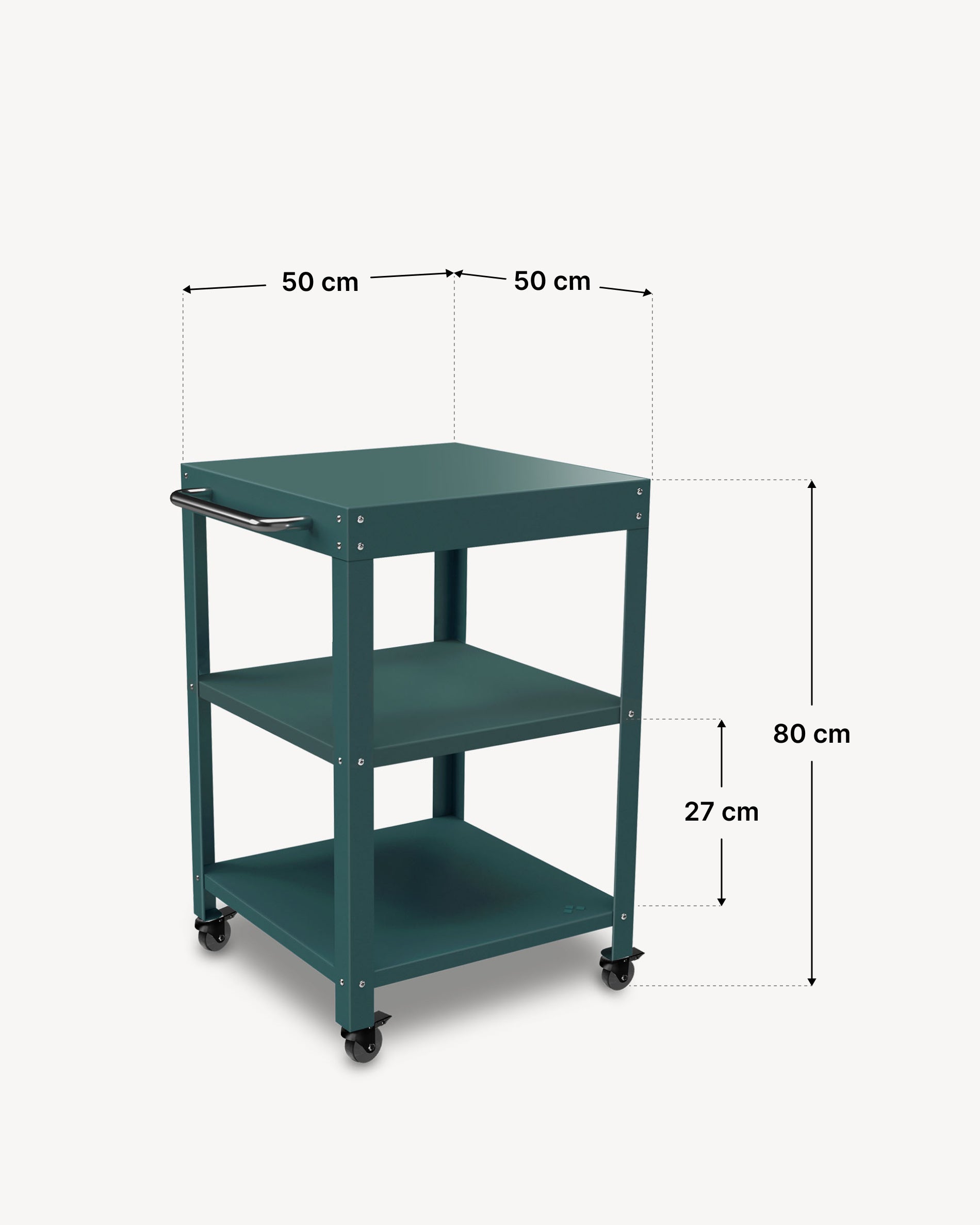 Afmetingen van de metalen bijzettafel met bladen 50 × 50 cm.