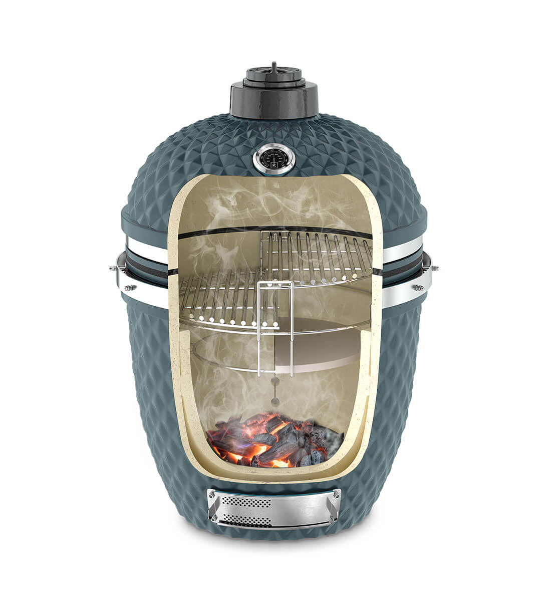 Verticale doorsnede van een Kokko kamado in oceaanblauw
