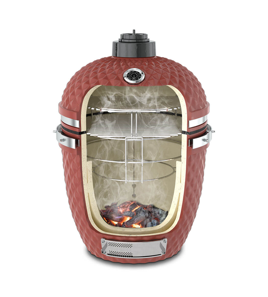 Verticale doorsnede van een Kokko kamado in rood oxide