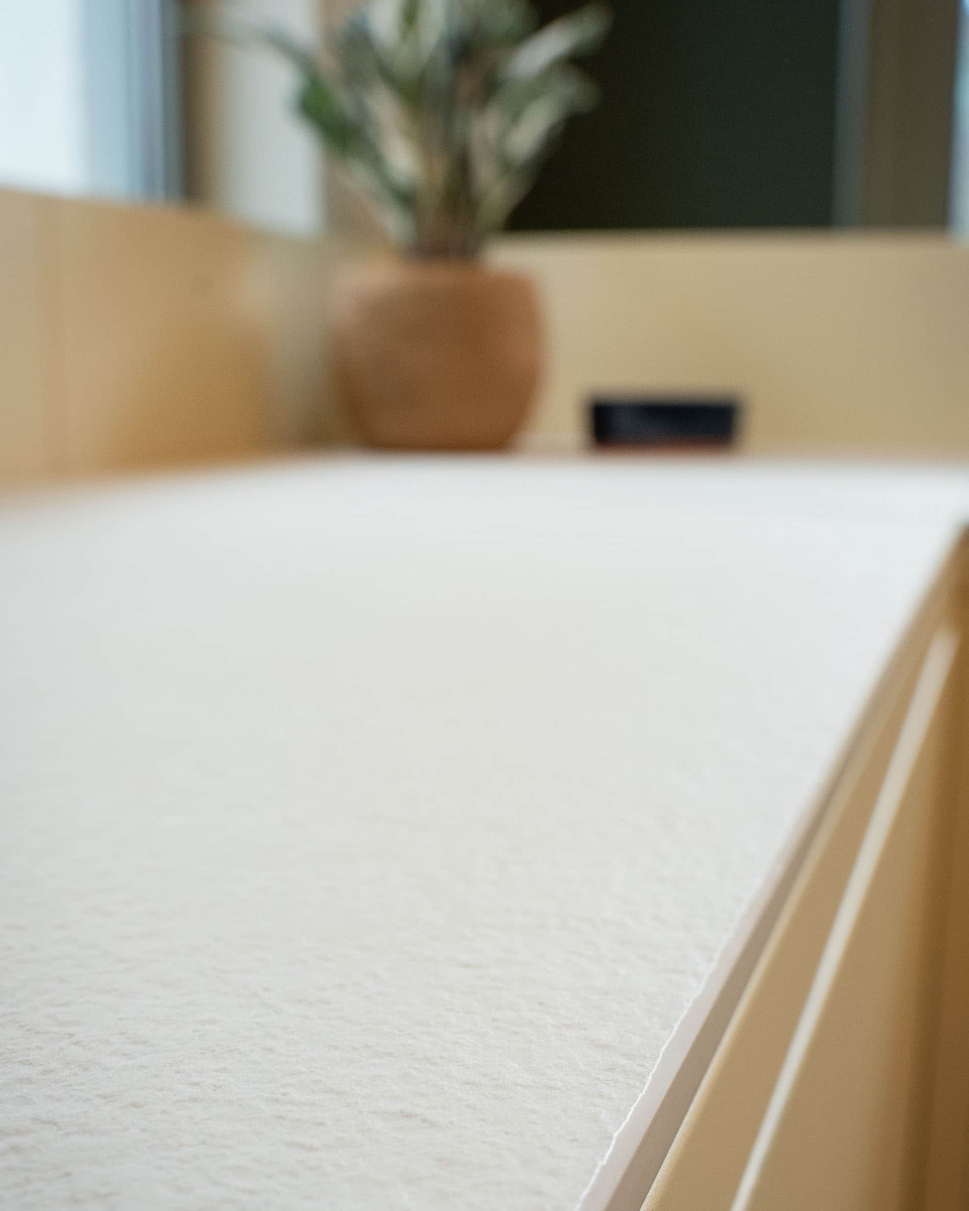 Detail van het werkblad van een paalwoning-keuken, met de lichte oppervlakte, matte textuur en de afwerking van het materiaal.