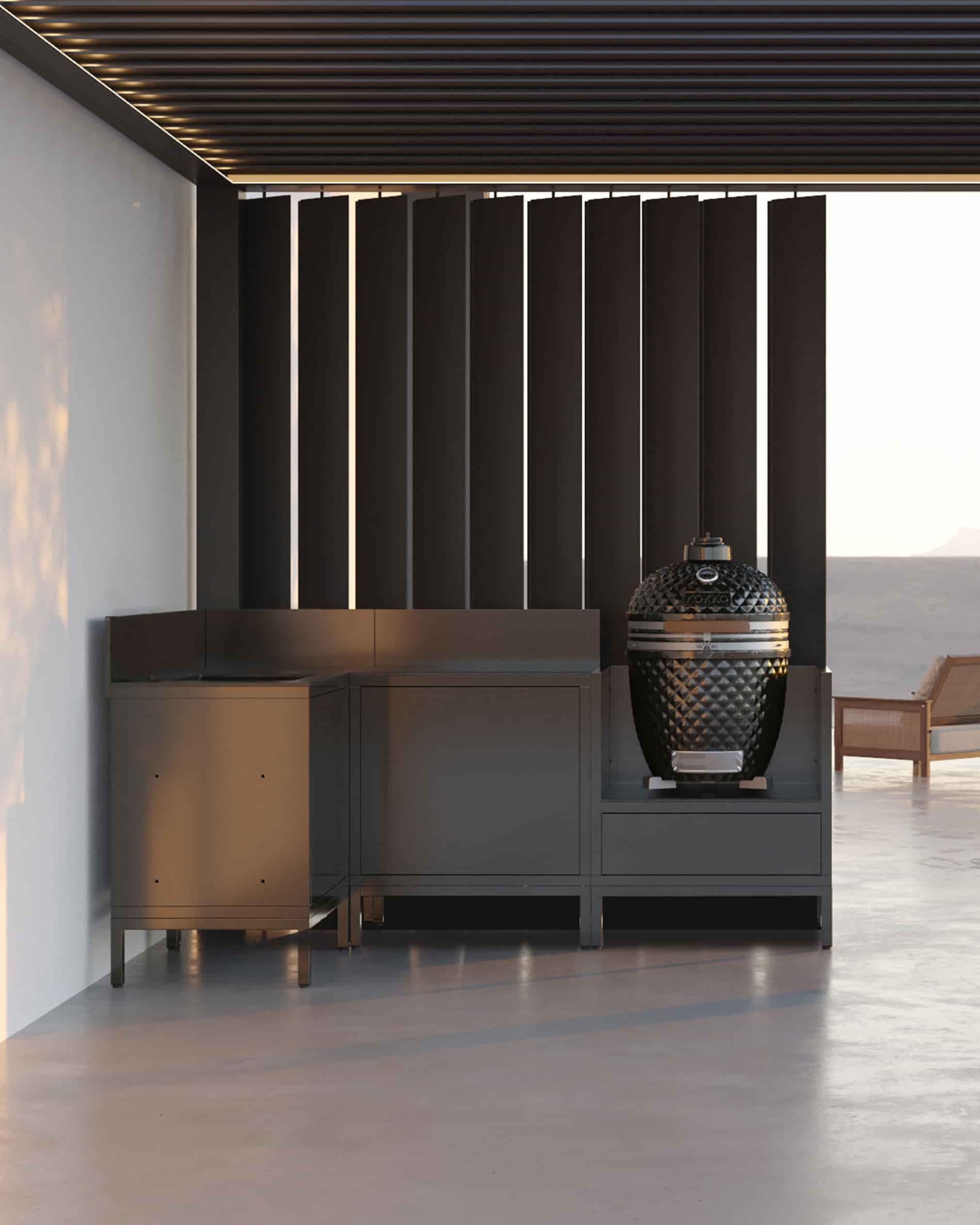 Hoekkeuken op palen met kamado, zwarte dichte kasten en werkblad onder de pergola.