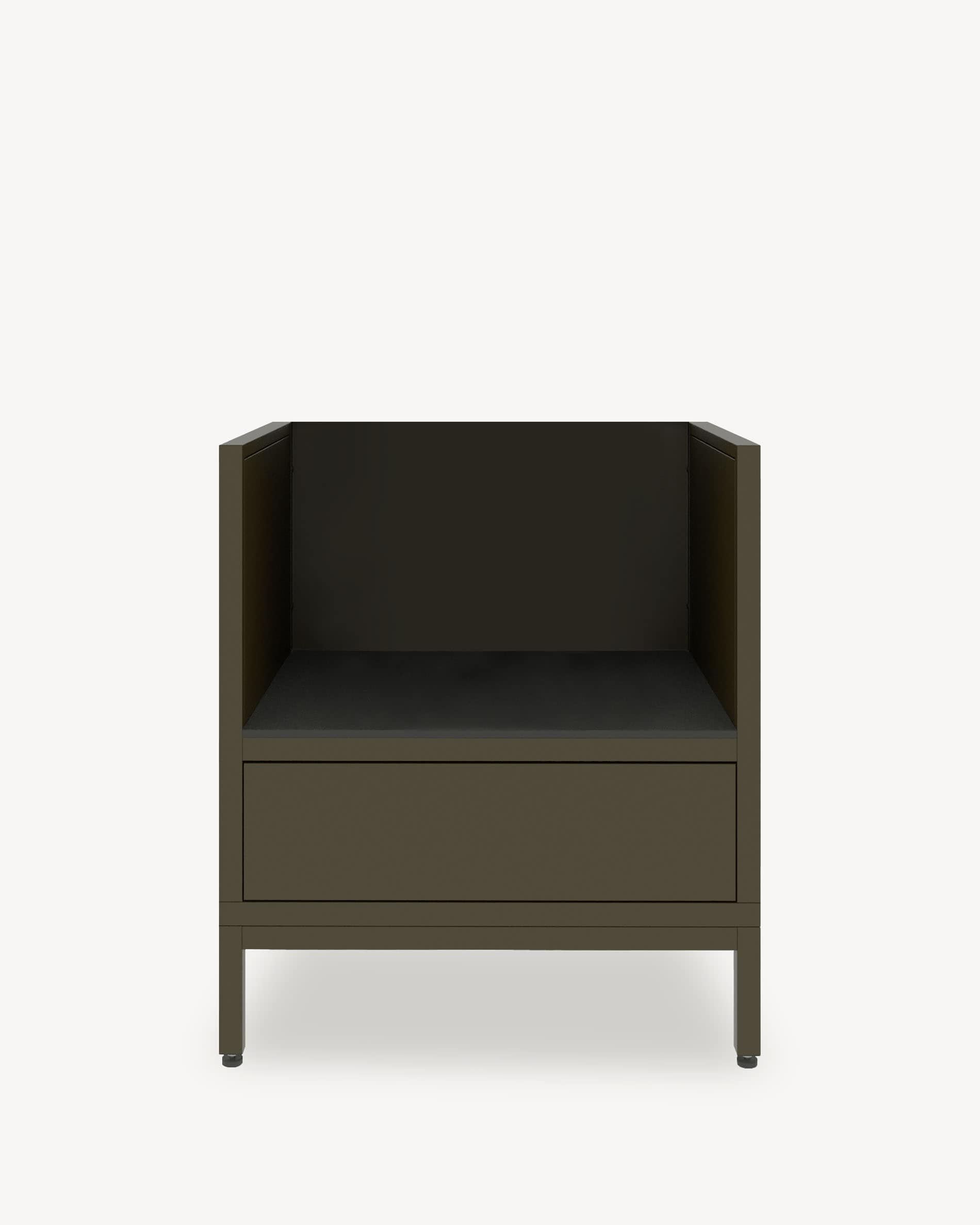 Keukenmodule op palen voor kamado, meubel in olijfgroene kleur met gesloten opbergruimte, donker werkblad en geïntegreerde zijwanden.