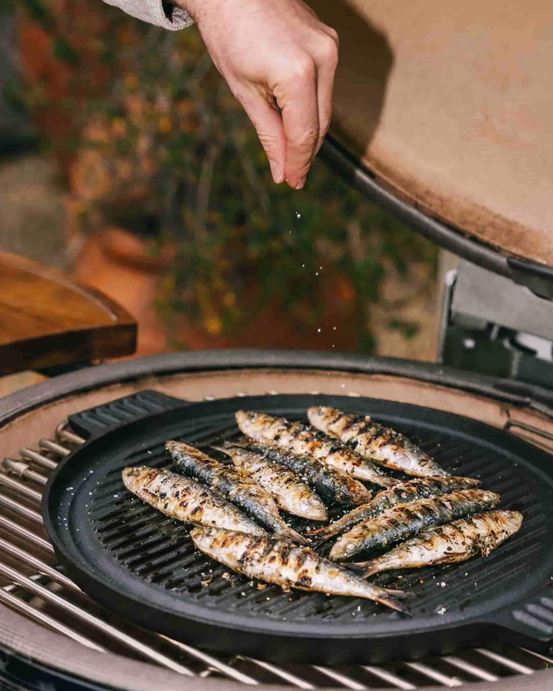 Gietijzeren plancha bakplaat op kamado