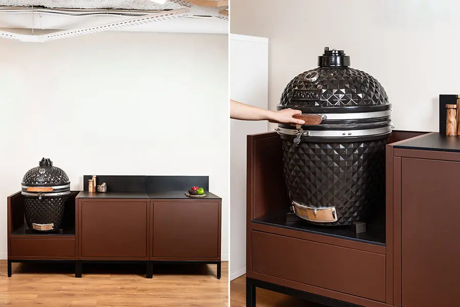 Kokko showroom buitenkeuken met kamado en pilotis-keuken in roestkleur