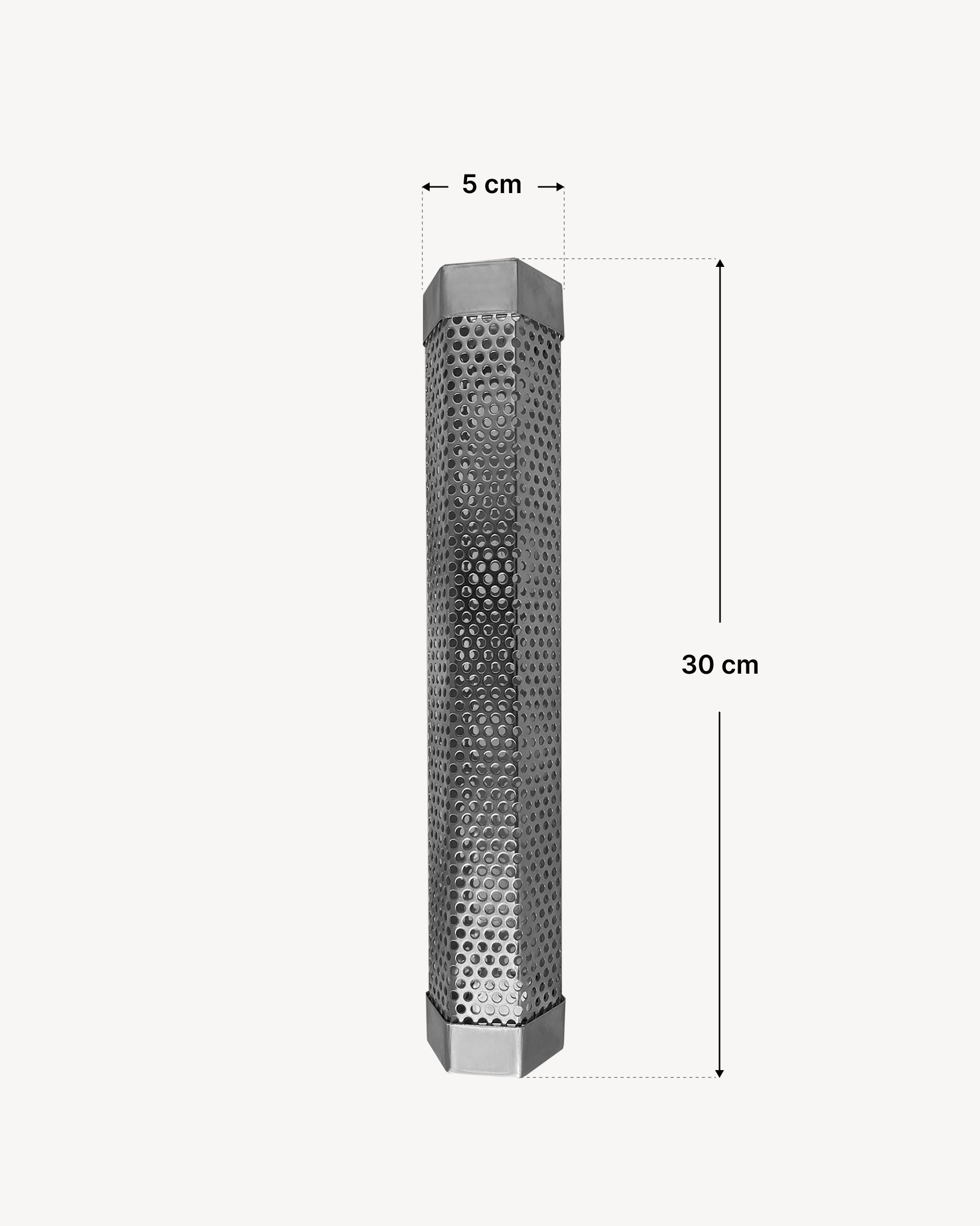 Geperforeerde rookgeneratorbuis van roestvrij staal voor koud roken, afgebeeld met een maatschema dat een totale lengte van 30 cm en een breedte van 5 cm aangeeft.